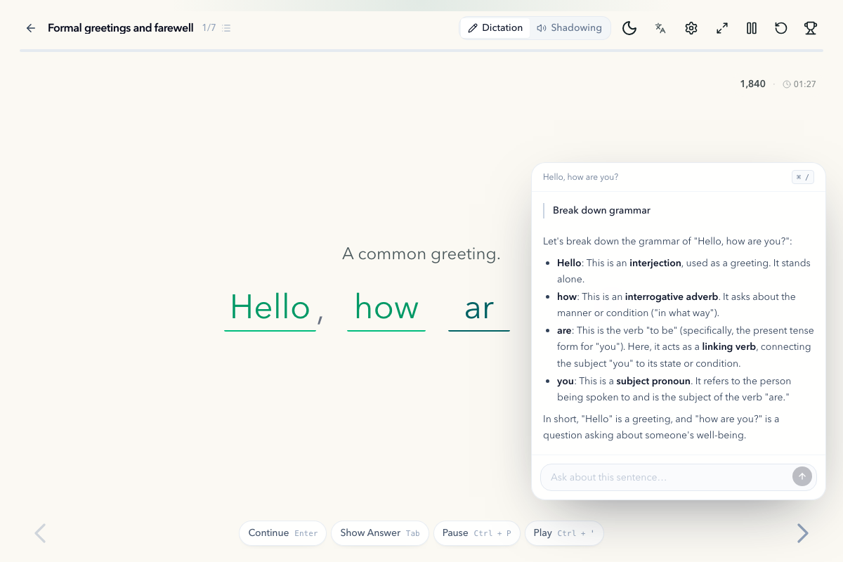 SentencePop English dictation practice interface